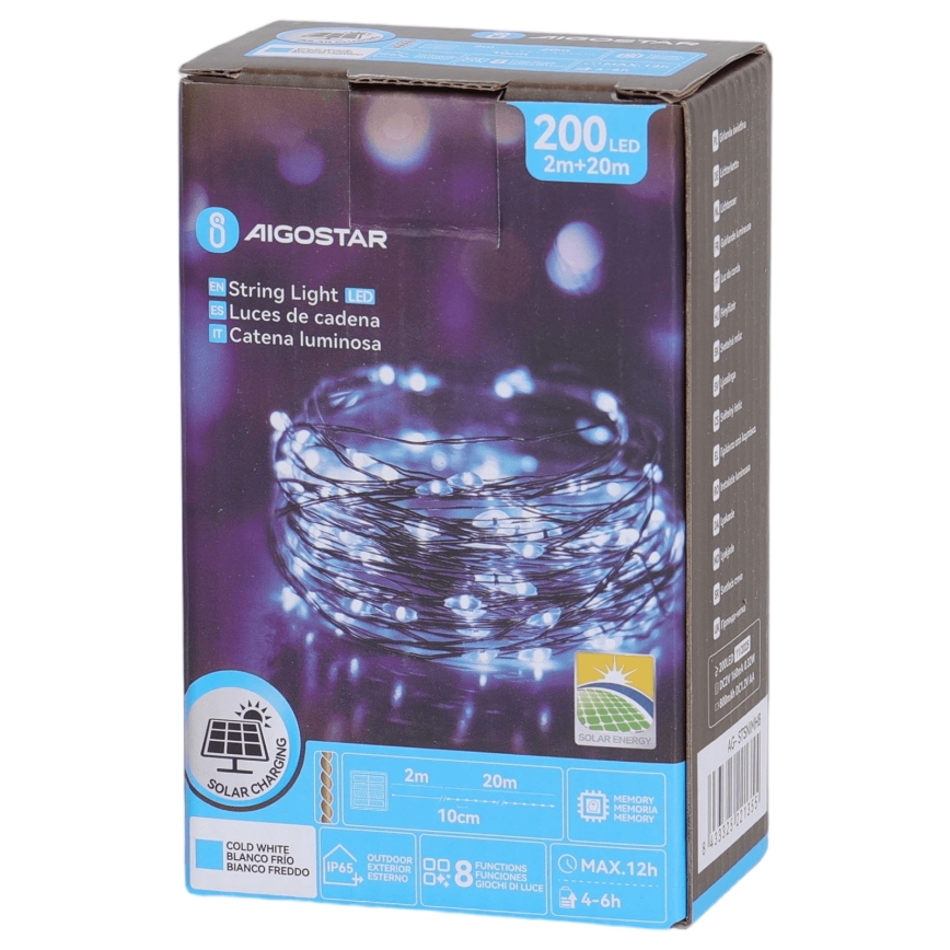 Aigostar - Guirnalda solar LED 200 LED/8 funciones 22 m IP65 blanco frío 800 mAh
