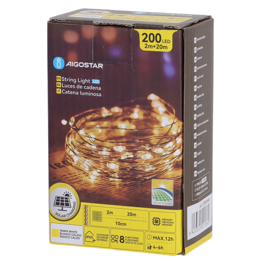 Aigostar - Guirnalda solar LED 200 LED/8 funciones 22 m IP65 blanco cálido 800 mAh