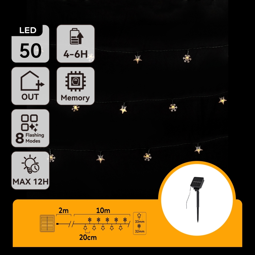 Aigostar - Guirnalda solar LED 50 LEDs / 8 funciones, 12 m, 800 mAh, IP65, blanco cálido