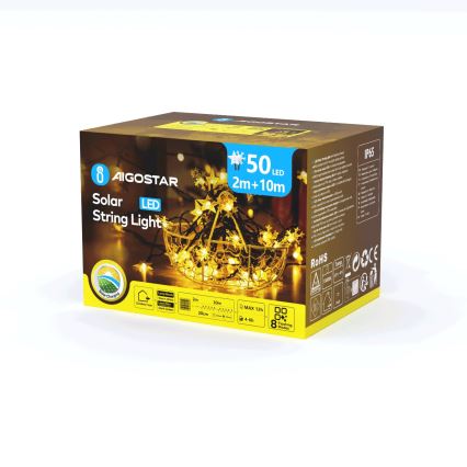 Aigostar - Guirnalda solar LED 50 LEDs / 8 funciones, 12 m, 800 mAh, IP65, blanco cálido