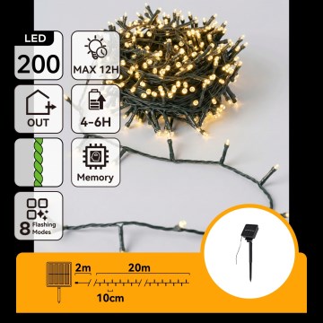 Aigostar - Guirnalda solar LED para Navidad, 200 LEDs / 8 funciones, 22 m, IP65, blanco cálido, 800 mAh