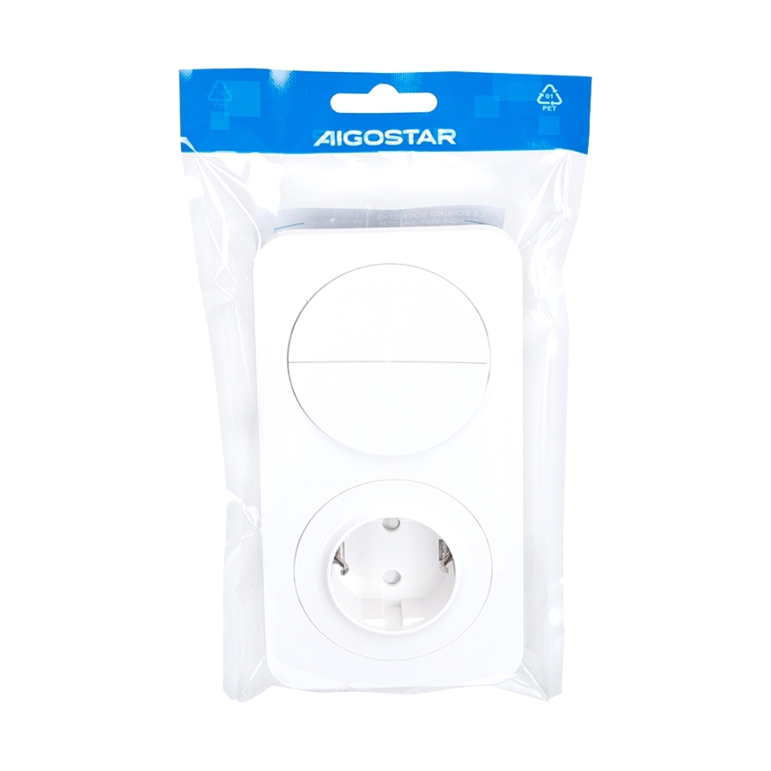 Aigostar - Interruptor doble n.º 5 y toma de corriente SCHUKO 230 V con marco blanco