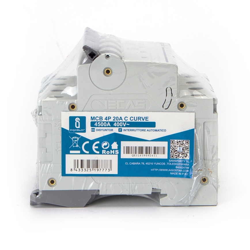Aigostar - Interruptor magnetotérmico 4 polos (4P) 20 A, curva C, 400 V