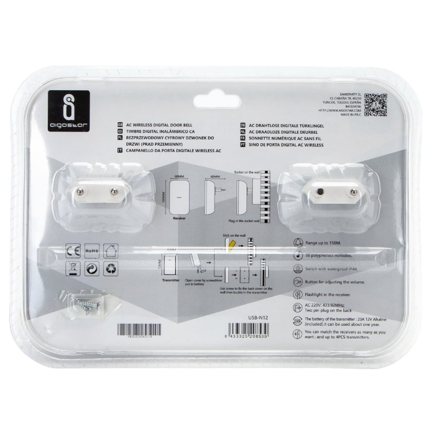 Aigostar - SET de 2 timbres inalámbricos para enchufe 230V/12V IP44 blanco