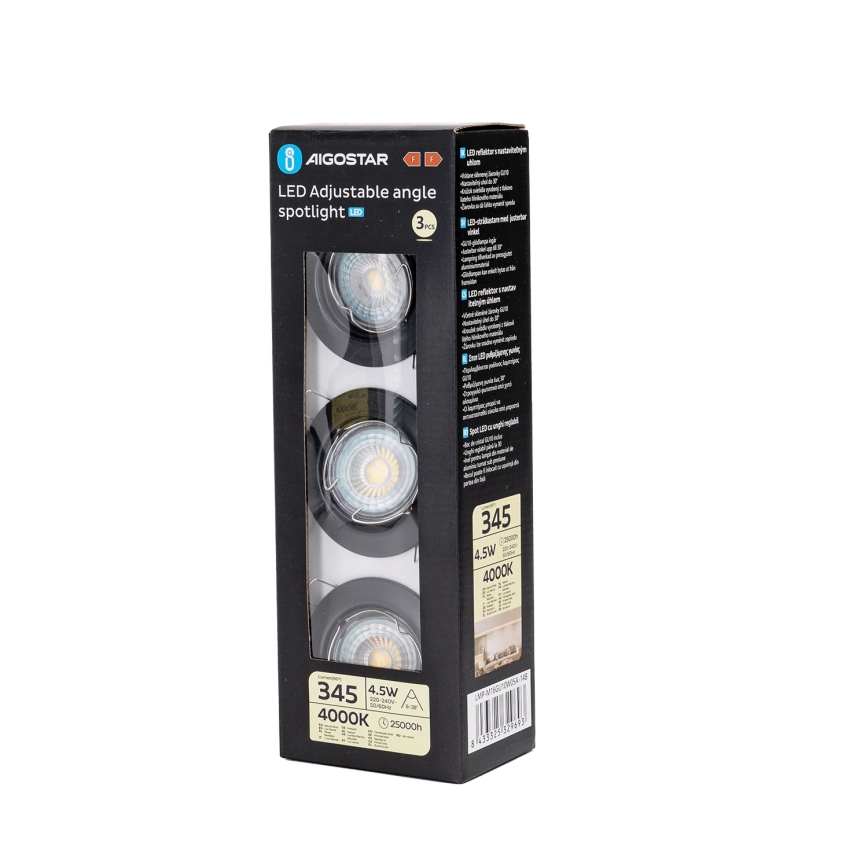 Aigostar - Juego 3x focos empotrables LED 1xGU10/4,5W/230V 4000K negro