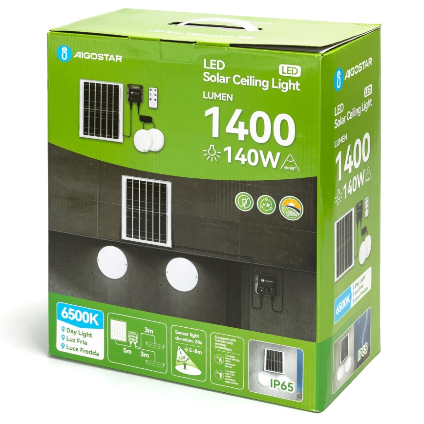 Aigostar - Lámpara de techo solar LED con sensor 2xLED/70W/3,7V 12000 mAh IP65 + mando a distancia