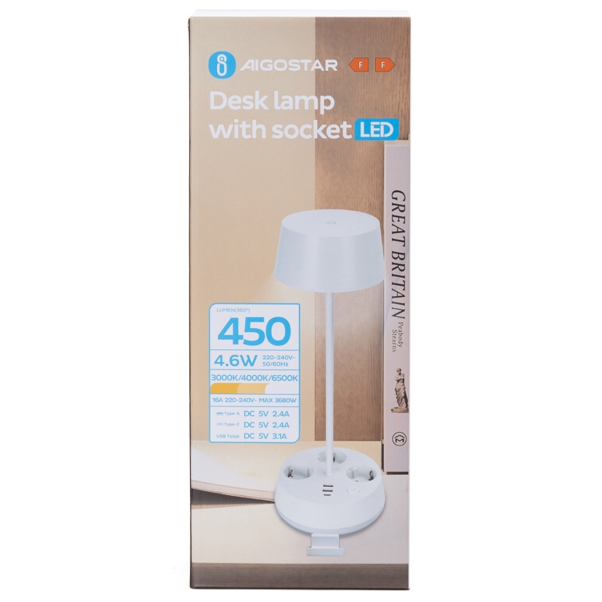 Aigostar - Lámpara de escritorio LED regulable con tomas de corriente y USB LED/4,6W/230V 3000/4000/6500K blanca