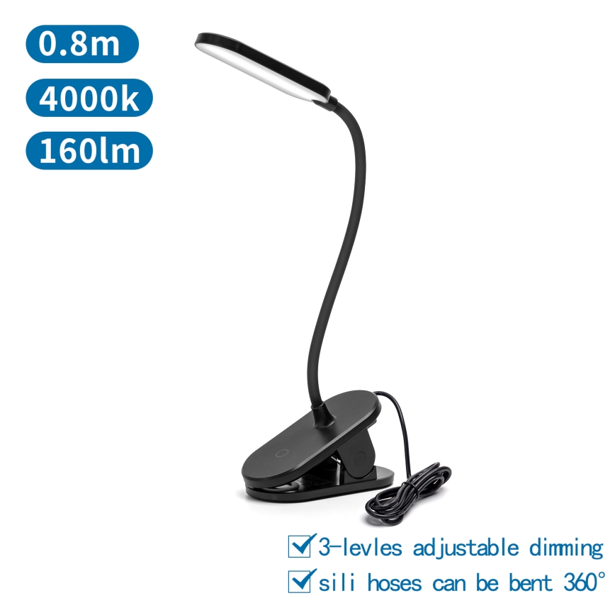 Aigostar - Lámpara de mesa LED regulable con clip LED/2,5W/5V negro