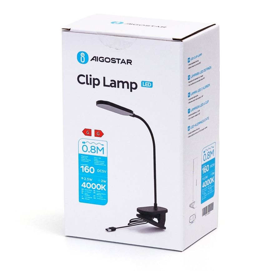 Aigostar - Lámpara de mesa LED regulable con clip LED/2,5W/5V negro