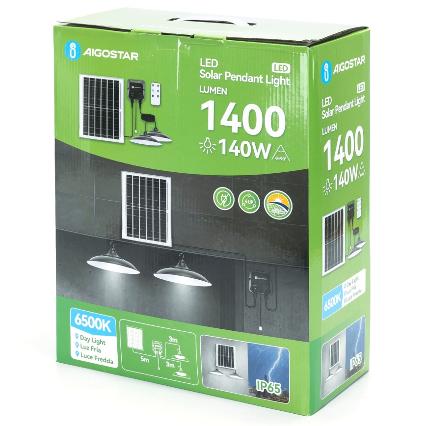 Aigostar - Lámpara solar LED tipo lustre 2x LED/70W/12V 12000 mAh 6500K IP65 Ø 23,5 cm + mando a distancia