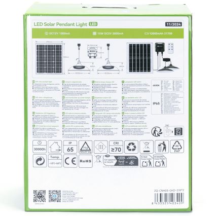 Aigostar - Lámpara solar LED tipo lustre 2x LED/70W/12V 12000 mAh 6500K IP65 Ø 23,5 cm + mando a distancia