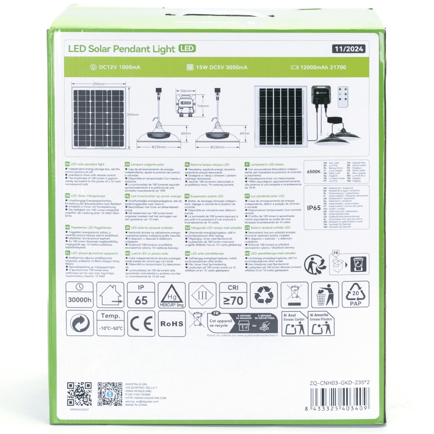 Aigostar - Lámpara solar LED tipo lustre 2x LED/70W/12V 12000 mAh 6500K IP65 Ø 23,5 cm + mando a distancia