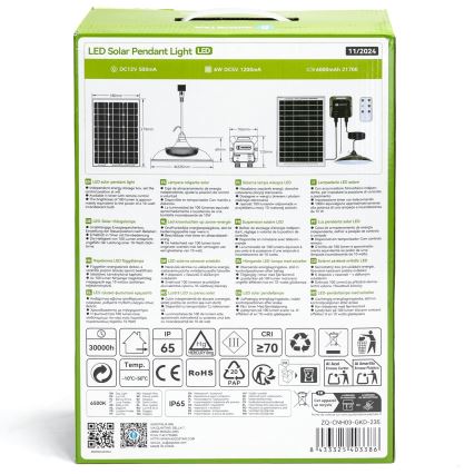 Aigostar - Lámpara solar LED/70W/12V 6000 mAh 6500K IP65 diámetro 23,5 cm + mando a distancia