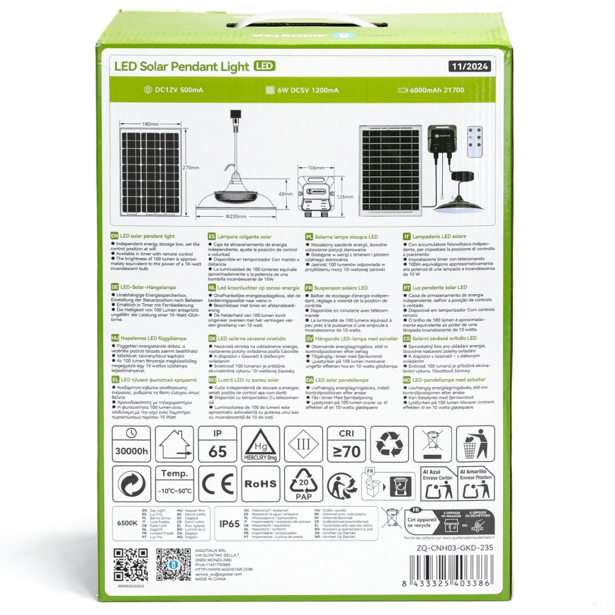 Aigostar - Lámpara solar LED/70W/12V 6000 mAh 6500K IP65 diámetro 23,5 cm + mando a distancia