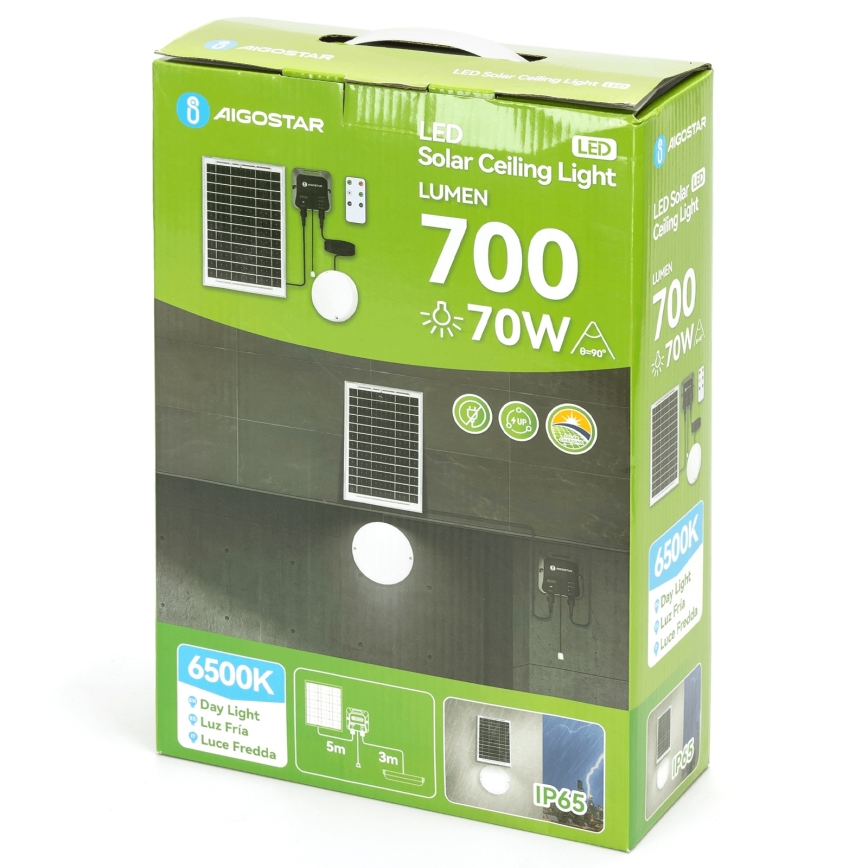 Aigostar - Lámpara solar LED 70 W / 12 V, 6000 mAh, 6500 K, IP65, diámetro 20,5 cm + mando a distancia