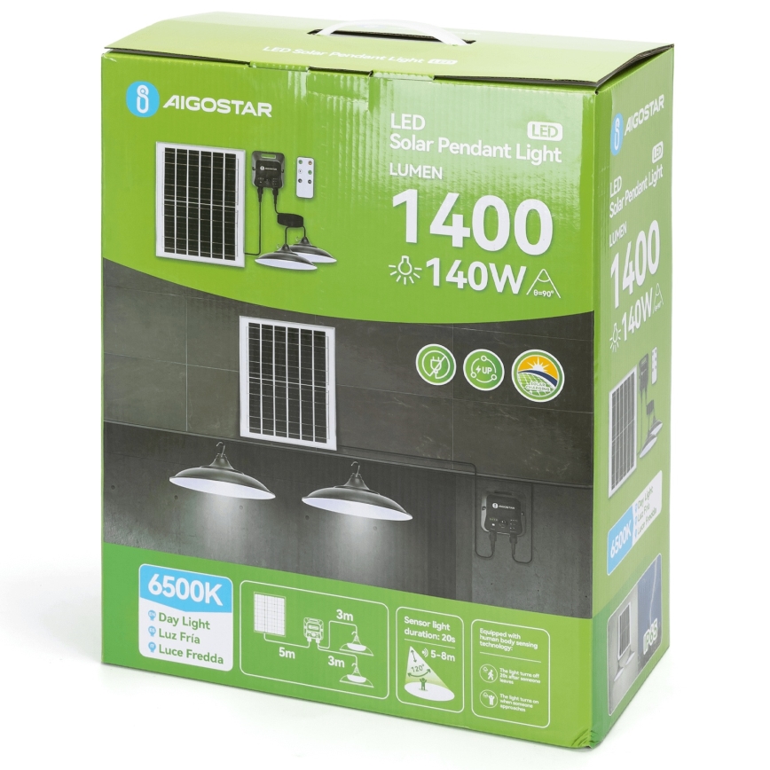 Aigostar - Lámpara solar LED con sensor, 2x LED/70W/12V 12000 mAh 6500K IP65, diámetro 23,5 cm + mando a distancia