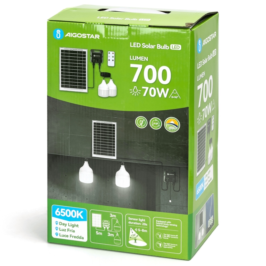 Aigostar - Lámpara solar LED con sensor 2xLED/35W/12V 6000 mAh 6500K IP65 Ø 10 cm + control remoto