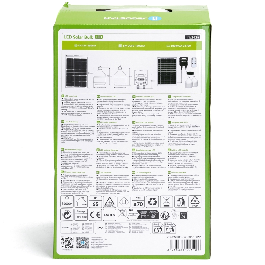 Aigostar - Lámpara solar LED con sensor 2xLED/35W/12V 6000 mAh 6500K IP65 Ø 10 cm + control remoto