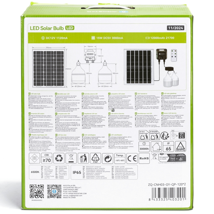 Aigostar - Lámpara solar LED con sensor 2xLED/70W/12V 12000 mAh 6500K diá. 12 cm + control remoto