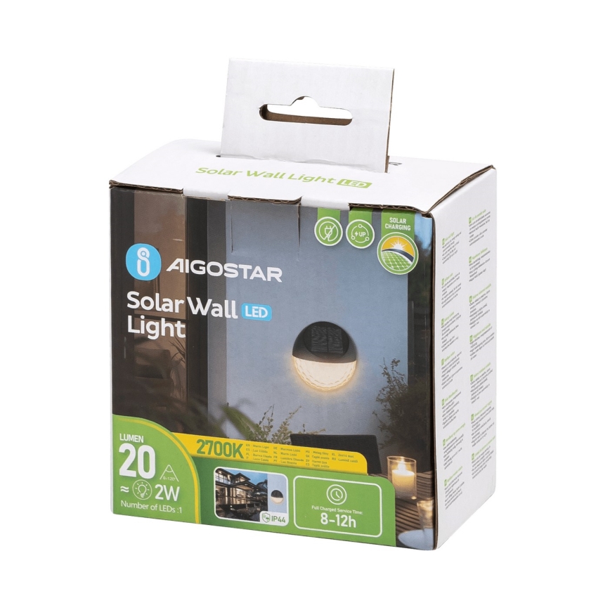Aigostar - Lámpara solar de pared LED/2W/1,2V negra 300 mAh 2700K IP44