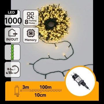Aigostar - LED cadena de luces navideñas para exterior 1000xLED/8 funciones 103m IP44 blanco cálido