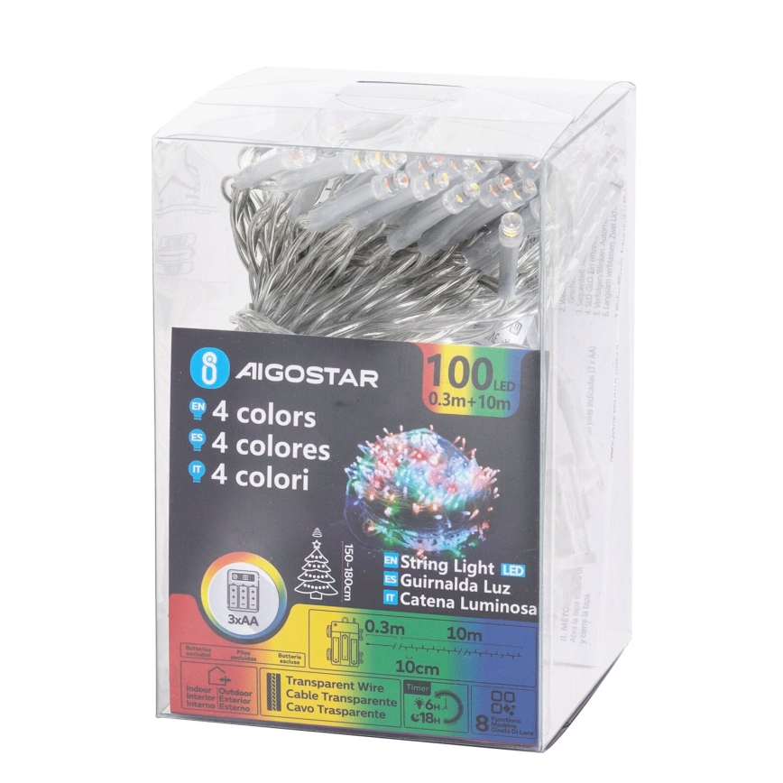 Aigostar - Cadena de luces navideñas LED para exterior 100 LEDs/8 modos 3xAA 10,3m IP44 multicolor