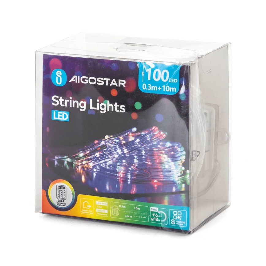 Aigostar - Guirnalda navideña LED para exterior 100xLED/8 funciones 3xAA 10,3m IP44 multicolor