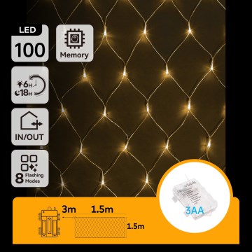 Aigostar - LED cadena de luces navideñas para exterior 100xLED/8 funciones/3xAA 4,5x1,5m IP44 blanco cálido
