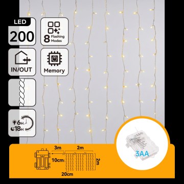 Aigostar - LED cadena de luces navideñas para exterior 200 LEDs/8 funciones 3xAA 5x2m IP44 blanco cálido