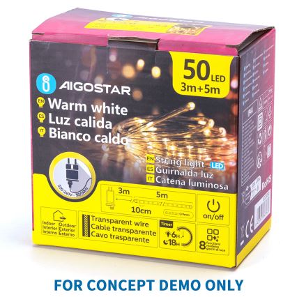 Aigostar - LED cadena de luces navideñas para exterior 200 LEDs/8 funciones 3xAA 5x2m IP44 blanco cálido