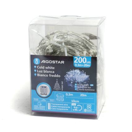 Aigostar - Cadena navideña LED para exterior 200xLED/8 funciones 4xAA 20m IP44 blanco frío