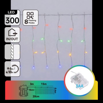 Aigostar - LED Cadena de luces navideñas para exterior 300xLED/8 funciones 3xAA 18x0,4m IP44 multicolor
