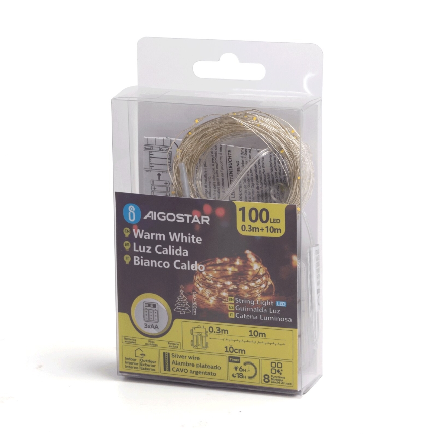 Aigostar -LED Cadena de luces navideñas para exteriores 100xLED/8 funciones 3xAA 10,3m IP44 blanco cálido