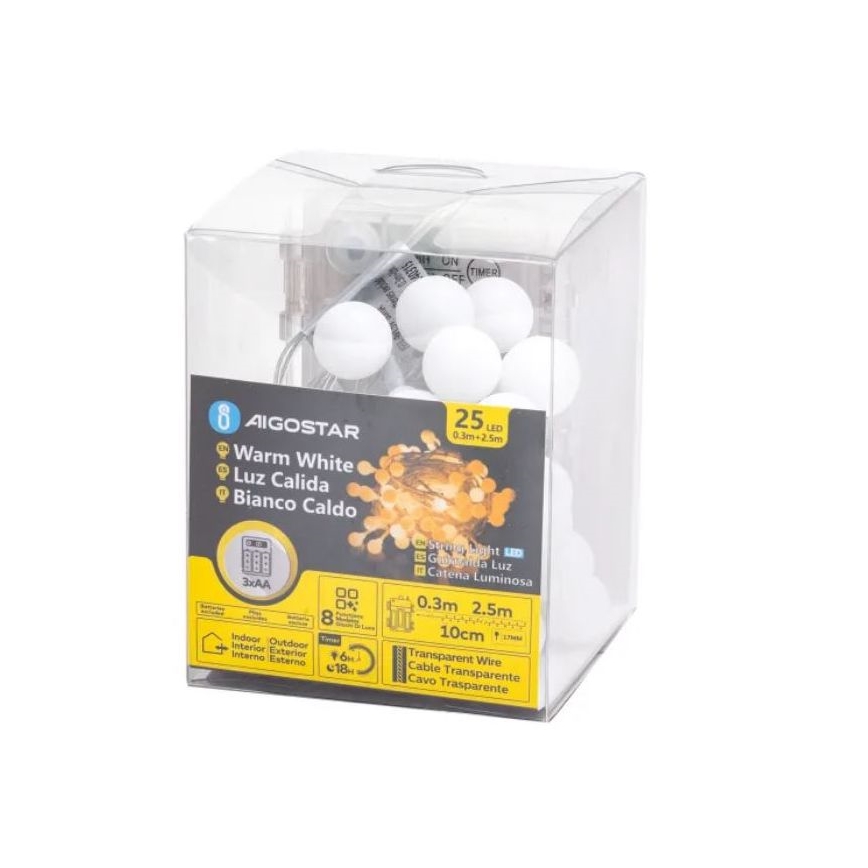 Aigostar-LED Cadena de luces para exterior 25xLED/3xAA/8 funciones 2,8 m IP44 blanco cálido