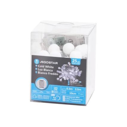 Aigostar - Cadena de luces navideñas LED para exterior 25xLED/3xAA/8 funciones 2,8 m IP44 blanco frío