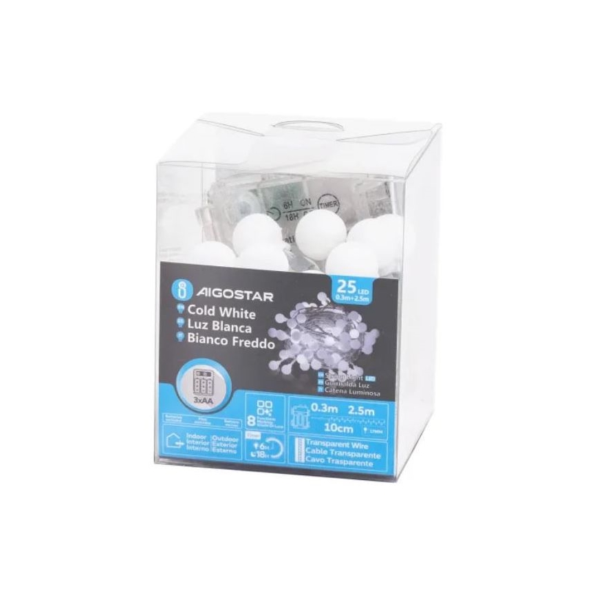 Aigostar - Cadena de luces navideñas LED para exterior 25xLED/3xAA/8 funciones 2,8 m IP44 blanco frío