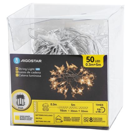 Aigostar - Cadena navideña LED para exterior, 50 LED / 8 funciones, 3 pilas AA, 5 m, IP44, blanco cálido, estrellas