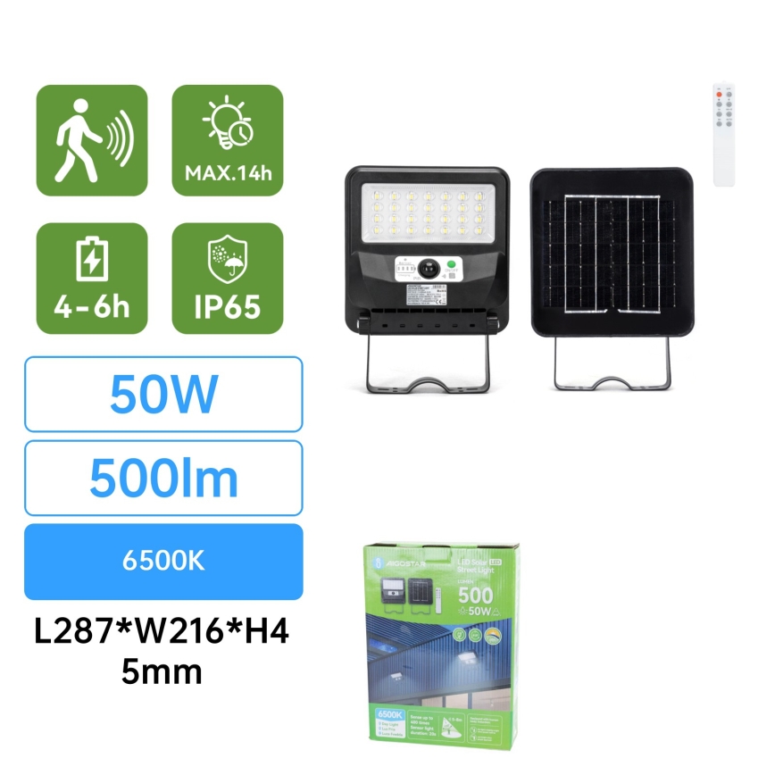 Aigostar - LED Farola solar con sensor LED/50W/3,2V 1000mAh 6500K + mando a distancia