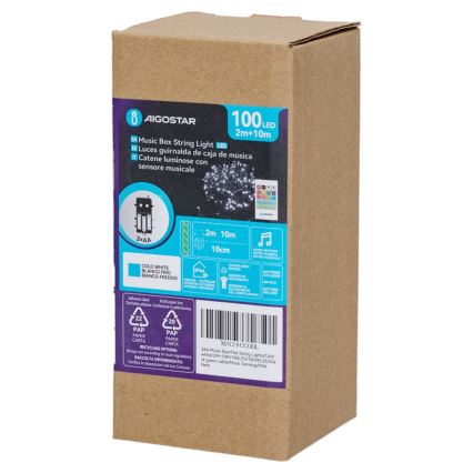Aigostar - Cadena navideña LED regulable para exterior con sensor de movimiento 100xLED/3xAA 12m blanco cálido + mando a distancia