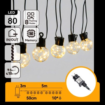 Aigostar - LED Guirnalda decorativa para exterior 80xLED/8 funciones 5m IP44 blanco cálido