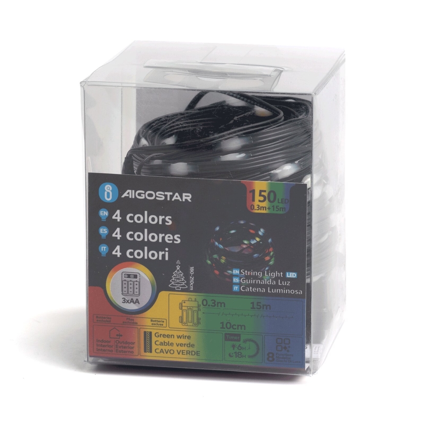 Aigostar - LED Guirnalda exterior 150 LEDs / 8 funciones, 3xAA, 15,3 m, IP44, multicolor