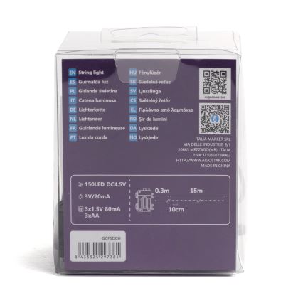 Aigostar - LED Guirnalda exterior 150 LEDs / 8 funciones, 3xAA, 15,3 m, IP44, multicolor