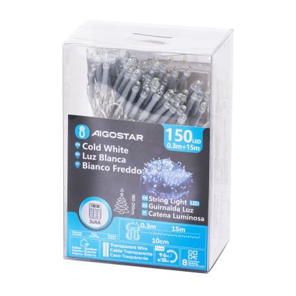 Aigostar - LED Guirnalda navideña para exterior 150xLED/8 funciones 15,3m IP44 blanco frío