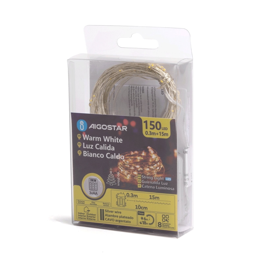 Aigostar -LED Guirnalda navideña para exterior 150xLED/8 funciones 3xAA 15,3m IP44 blanco cálido
