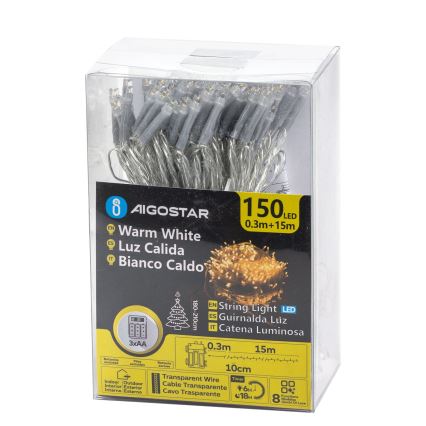 Aigostar -LED Guirnalda navideña para exterior 150xLED/8 funciones 3xAA 15,3m IP44 blanco cálido