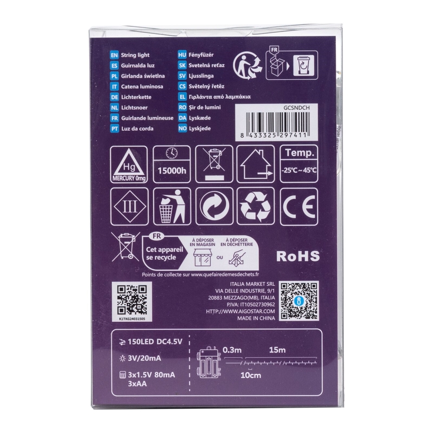 Aigostar -LED Guirnalda navideña para exterior 150xLED/8 funciones 3xAA 15,3m IP44 blanco cálido