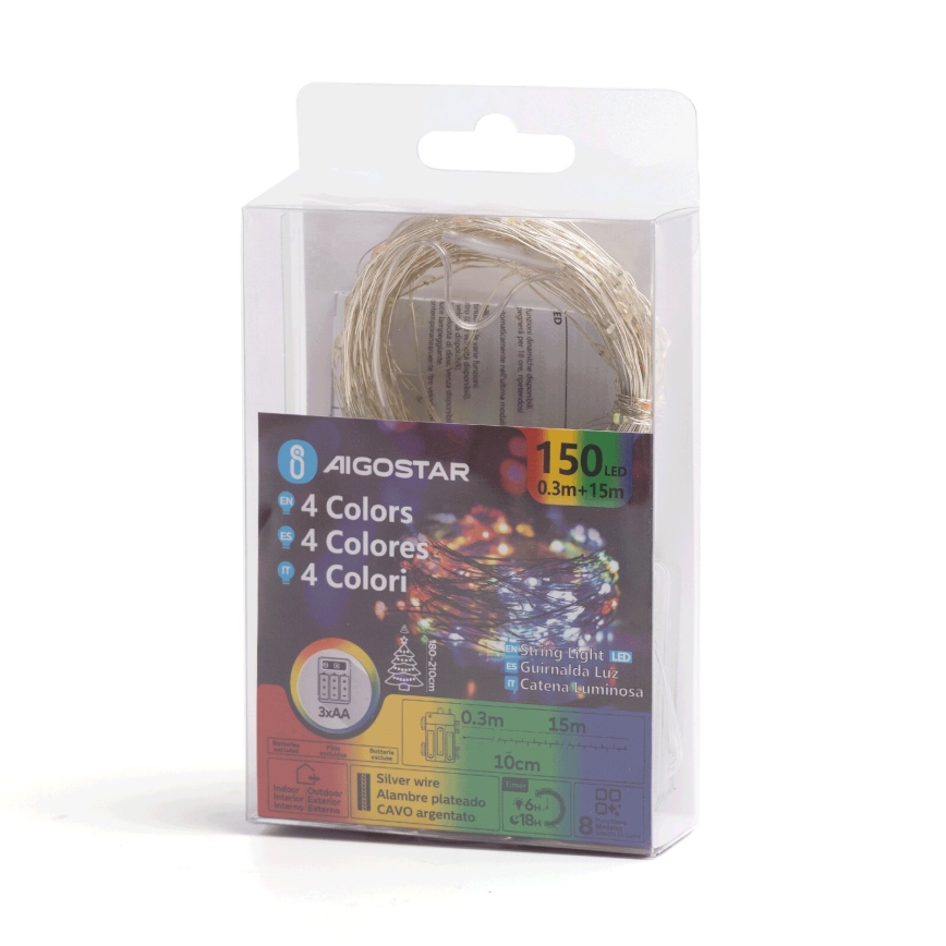Aigostar - Cadena de luces navideñas LED para exteriores 150xLED/8 funciones/3xAA 15,3m IP44 multicolor