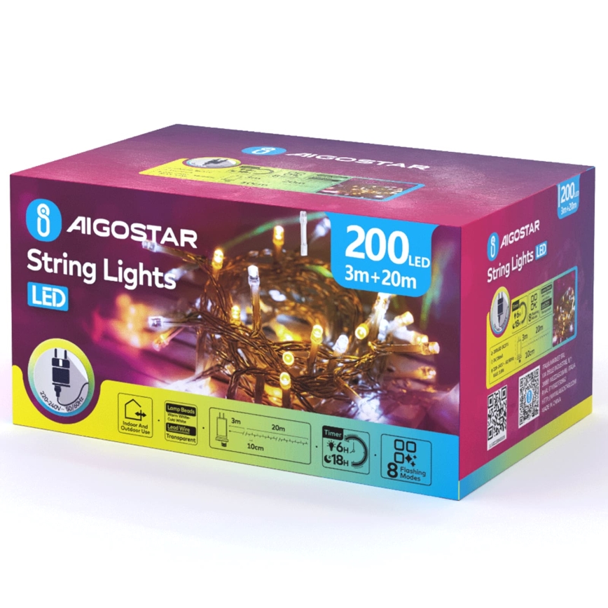 Aigostar - Cadena de luces navideñas LED para exterior, 200 LED / 8 funciones, 23 m, IP44, blanco cálido/blanco frío