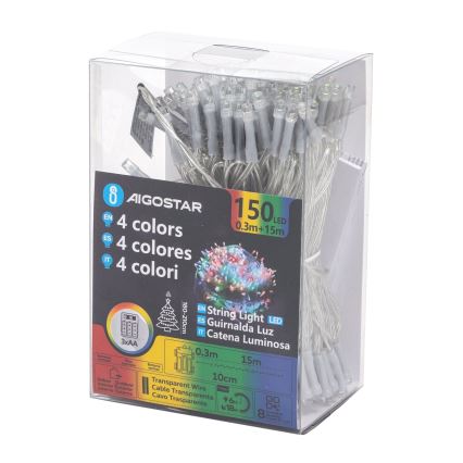 Aigostar -LED Guirnalda navideña para exteriores 150xLED/8 funciones 3xAA 15,3m IP44 multicolor