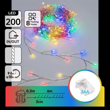 Aigostar - LED Guirnalda navideña para exteriores 200 LED/8 funciones 3xAA 6,3m IP44 multicolor